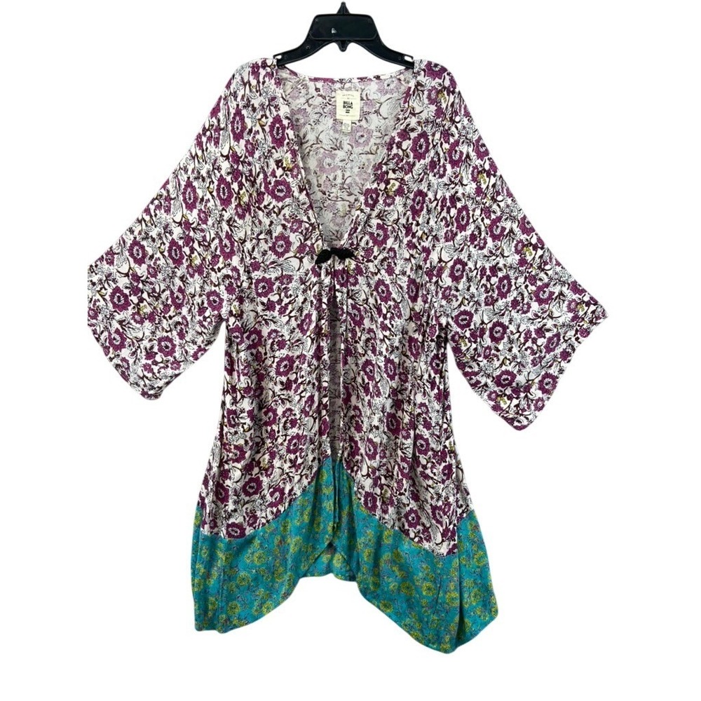 Billabong Kimono‎ Cardigan Womens S/M Purple Floral Boho Frog Clasp Rayon